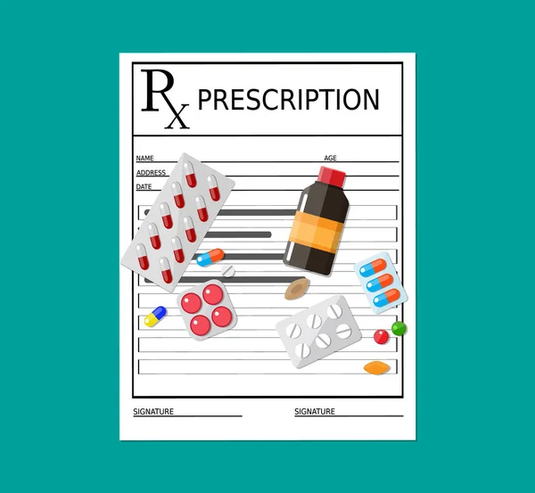 RX recept leeg met pillen en drugs. — Stockvector