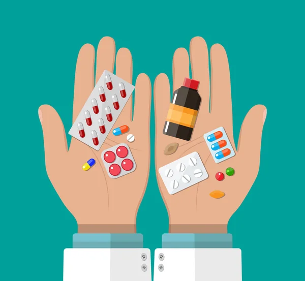Рука фармацевта з таблетками та наркотиками — стоковий вектор