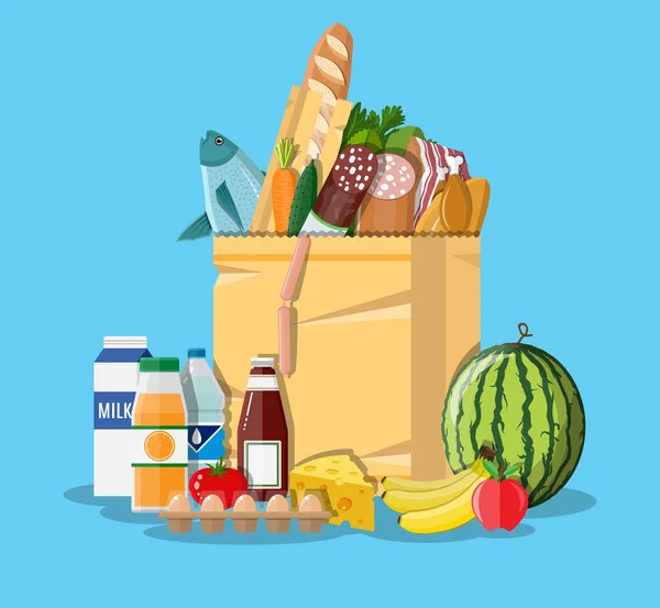 Paper shopping bag full of groceries products — Stock Vector