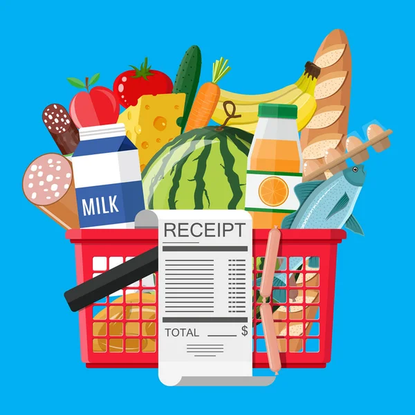 Hhopping basket full of groceries and receipt — Stock Vector