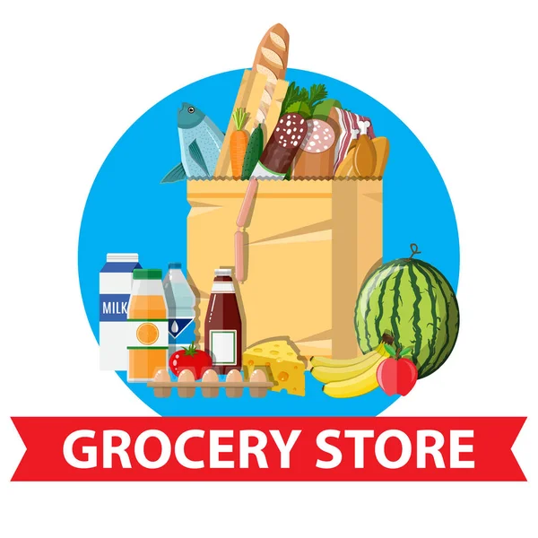 Paper shopping bag full of groceries products — Stock Vector