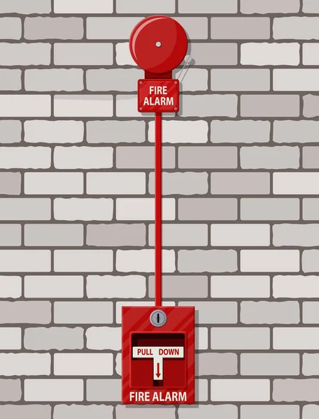 Sistema de alarma de incendios en la pared de ladrillo. Equipo contra incendios . — Vector de stock
