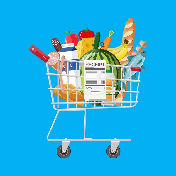 Shopping cart full of groceries and receipt — Stock Vector