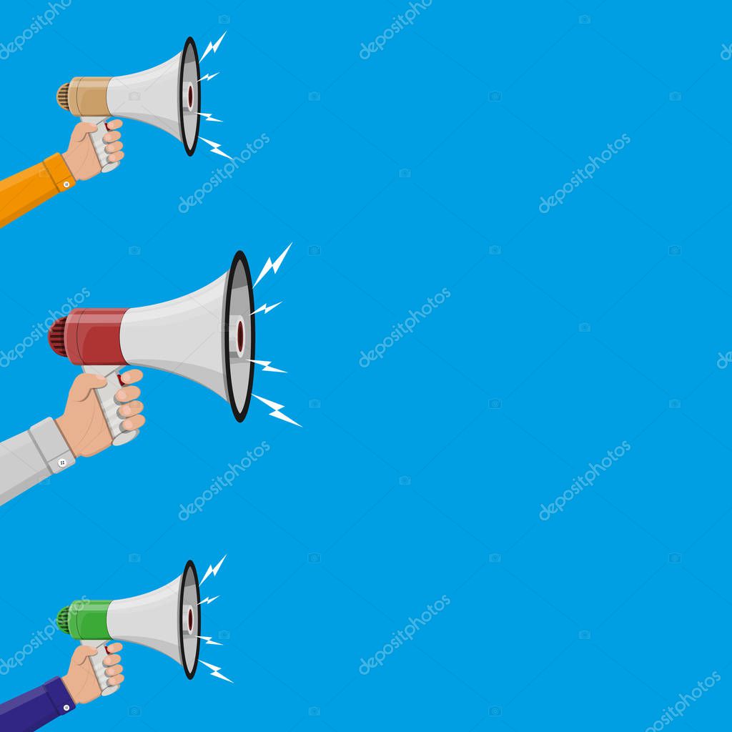 Loudspeaker or megaphone in hand. Announcement element. Vector illustration in flat style