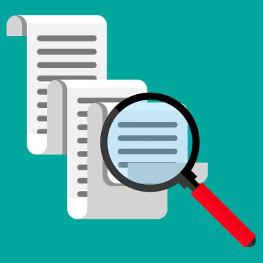 Alış irsaliyesi simgesi. Kağıt fatura ve Büyüteç camı