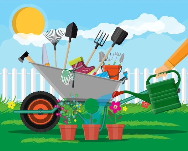 Juego de herramientas de jardinería. Equipo para jardín — Vector de stock