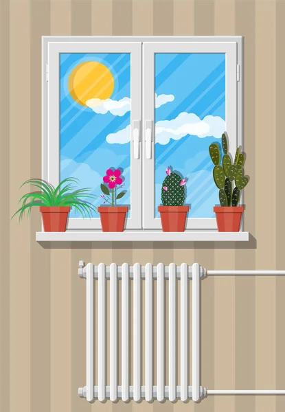 Λευκό παράθυρο με λουλούδια στον τοίχο. — Διανυσματικό Αρχείο