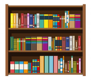 Kütüphane kitap raf. Kitaplık ile farklı kitaplar.