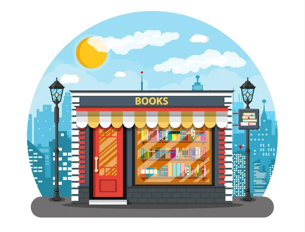 Book shop or store building and cityscape — Stock Vector