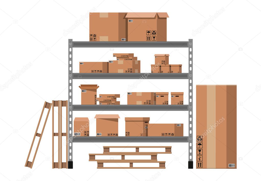 Pile cardboard boxes on shelves