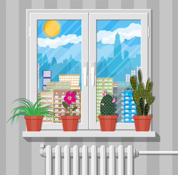 Vita fönster med blommor på väggen, stadssilhuetten — Stock vektor