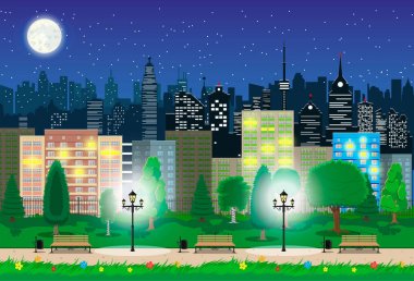 Gece modern kent görünümünde. Cityscape ve park