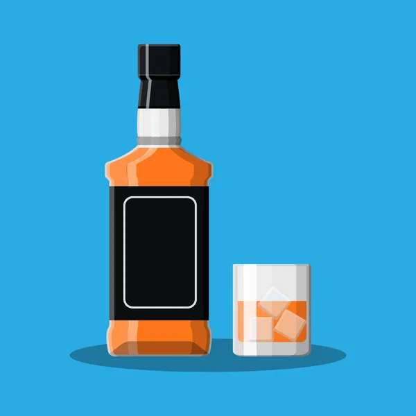 Μπουκάλι ουίσκι bourbon και ποτήρι με πάγο. — Διανυσματικό Αρχείο