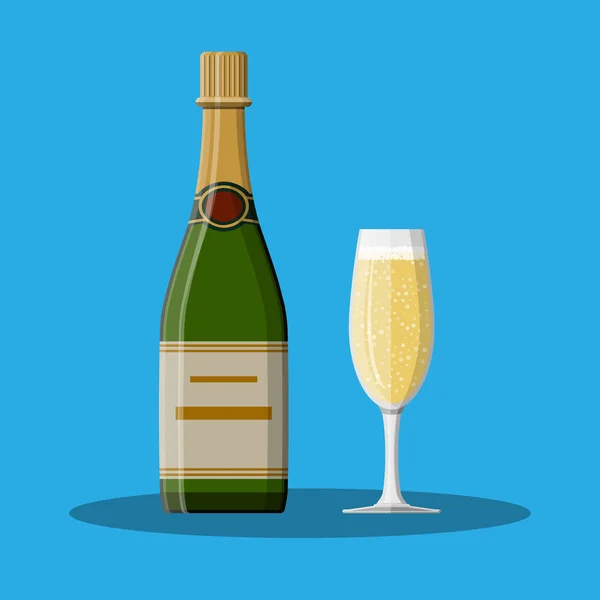 Botella de champán y copa . — Vector de stock