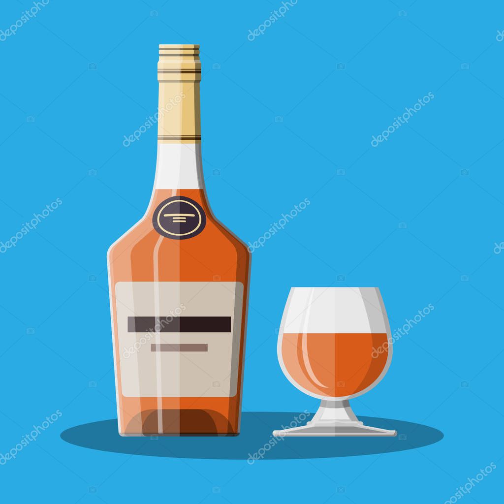 Cognac bottle and glass. Cognac alcohol drink. Vector illustration in flat style