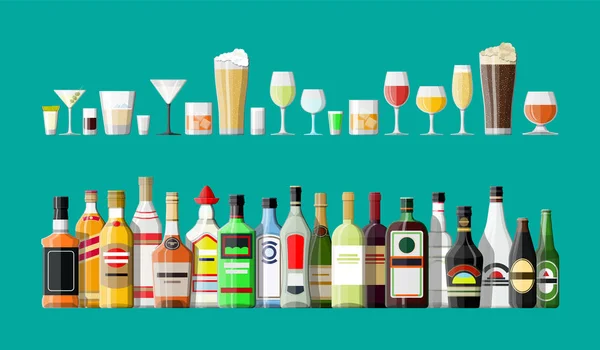 Αλκοολούχα ποτά συλλογή. Φιάλες με τα γυαλιά. — Διανυσματικό Αρχείο