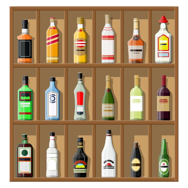 Recogida de bebidas alcohólicas. Botellas en estante — Archivo Imágenes Vectoriales