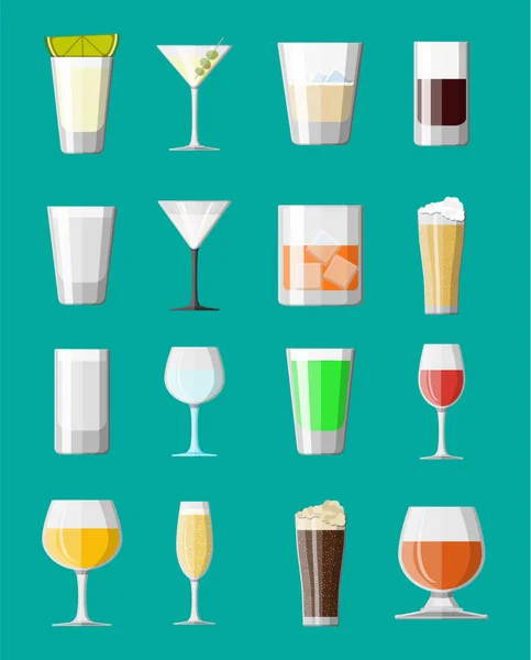 Alcohol drinks collection in glasses. — Stock Vector