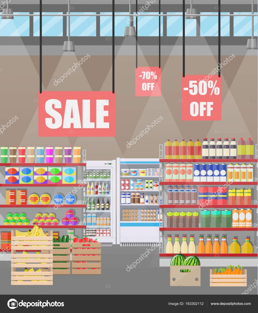 Supermarket store interior with goods. Stock Vector Image by ©abscent #163302112 Supermarket store interior with goods. Stock Vector Image by ©abscent #163302112