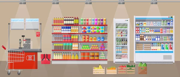 Supermarkt-Innenausstattung mit Waren. — Stockvektor