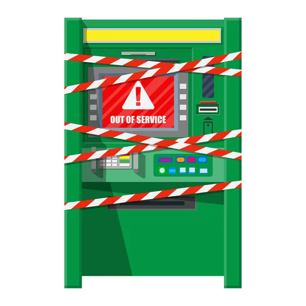 Ограбленный банкомат с предупреждающими лентами — стоковый вектор
