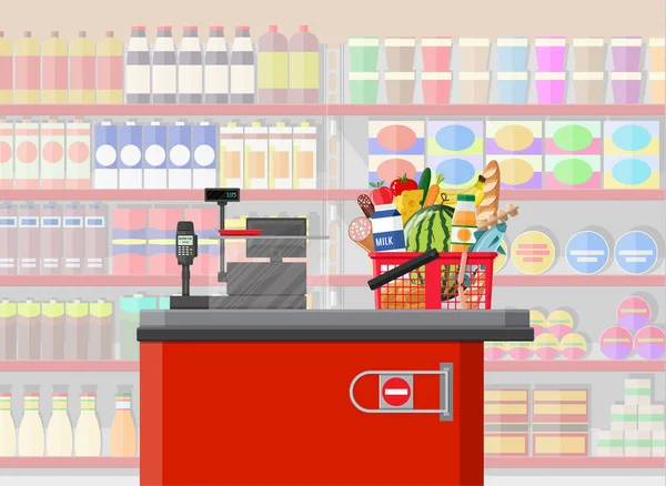 Supermercado tienda interior con mercancías. — Vector de stock