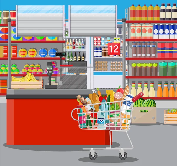 Supermercado tienda interior con mercancías. — Vector de stock