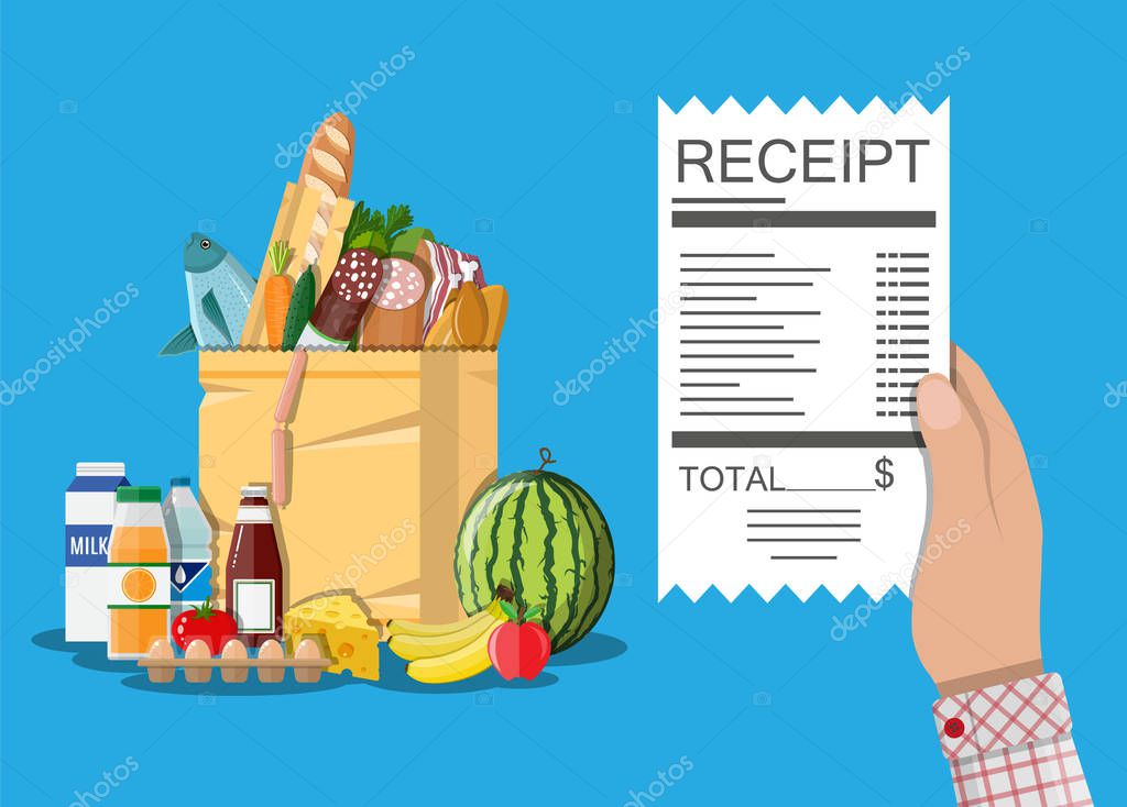 Shopping bag with food and drinks, receipt