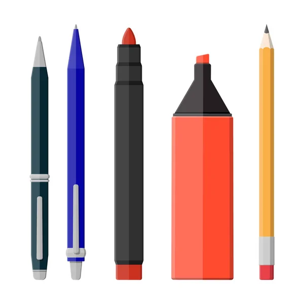 Στυλό, μολύβι, μαρκαδόρους που απομονώνονται σε λευκό — Διανυσματικό Αρχείο