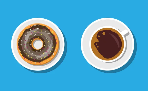 Taza de café y donas con crema de chocolate . — Vector de stock