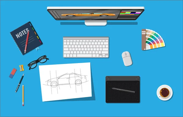 Designerarbeitsplatz. Illustrator Desktop mit Werkzeugen — Stockvektor