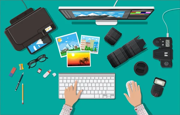 Espacio de trabajo del fotógrafo . — Vector de stock