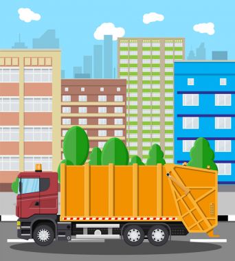 Çöp arabası olan kentsel cityscape