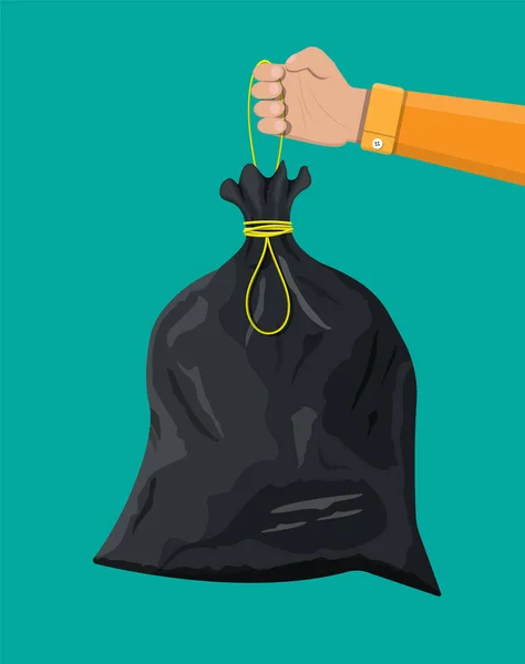 Saco de lixo de plástico com corda na mão — Vetor de Stock