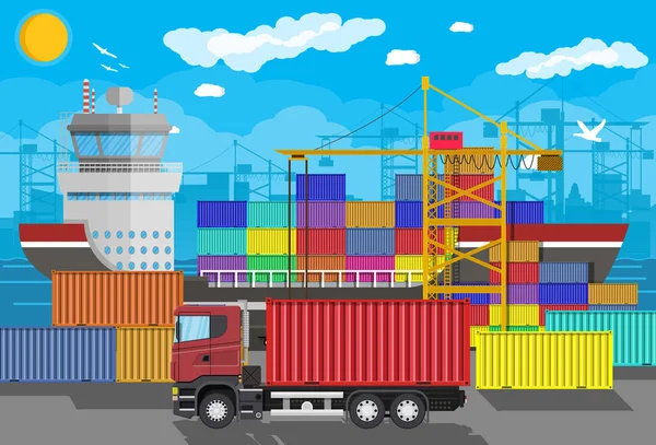 Statek towarowy, Żuraw kontenerowy, samochód ciężarowy. Logistyka portowa — Wektor stockowy