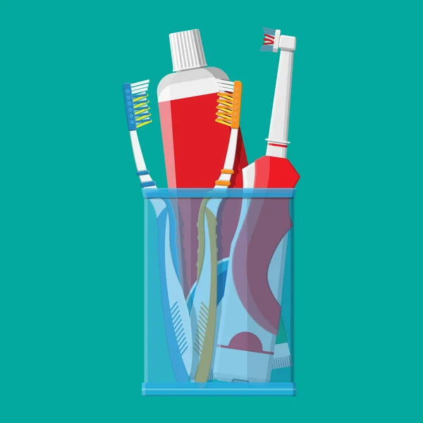 Ручная и электрическая зубная щетка, зубная паста, стекло — стоковый вектор