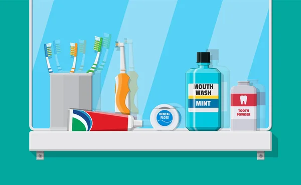 Espejo de baño y herramientas de limpieza dental . — Archivo Imágenes Vectoriales
