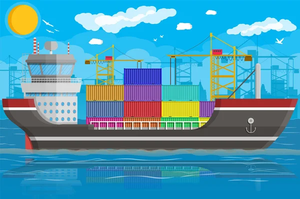 Вантажний корабель, контейнерний кран. Портова логістика — стоковий вектор