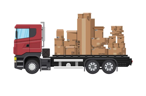 Truck transporting brown cardboard package — Stock Vector