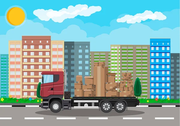 Вантажівка перевозить коричневий картонний пакет — стоковий вектор