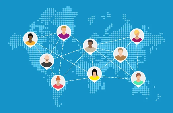 Mapa do mundo com avatares de pessoas. Redes sociais . —  Vetores de Stock