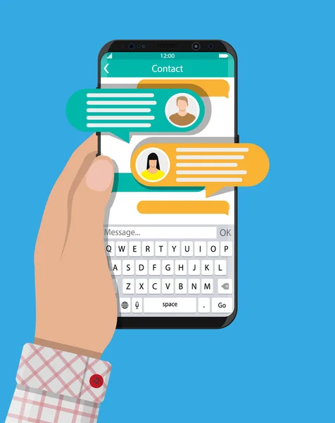 Elini tut sms app mesajlaşma ile smartphone. — Stok Vektör