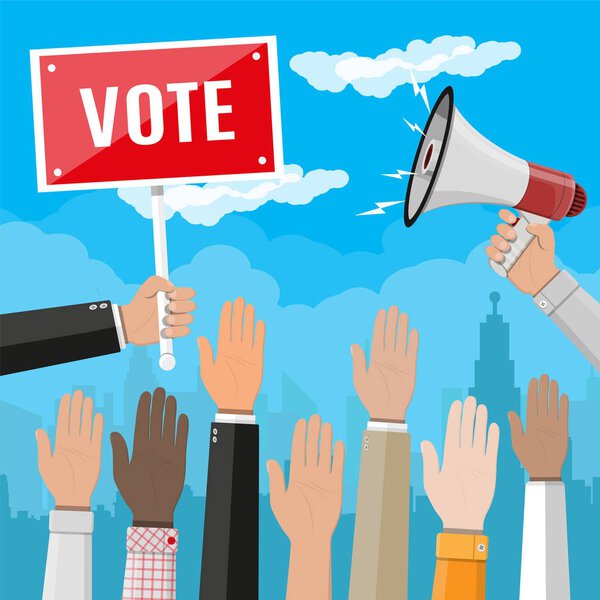 Raised up hands. People vote hands.