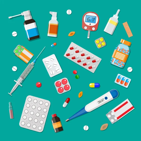 Medicina píldoras cápsulas y dispositivos de salud — Vector de stock