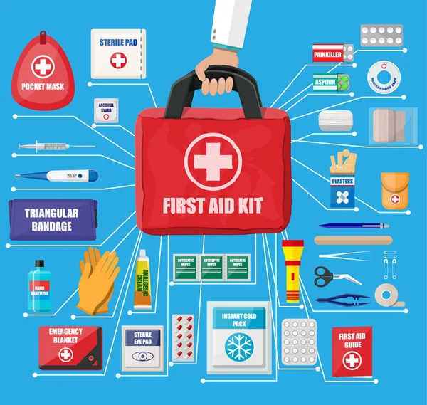 Kit de primeros auxilios con equipo médico — Vector de stock