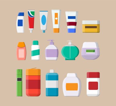 Set of various color cosmetic bottles.