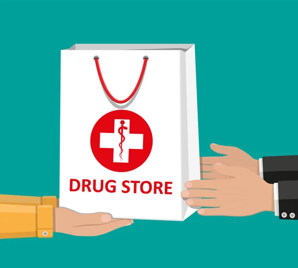 Vit shopping väska för medicinska piller och flaskor — Stock vektor
