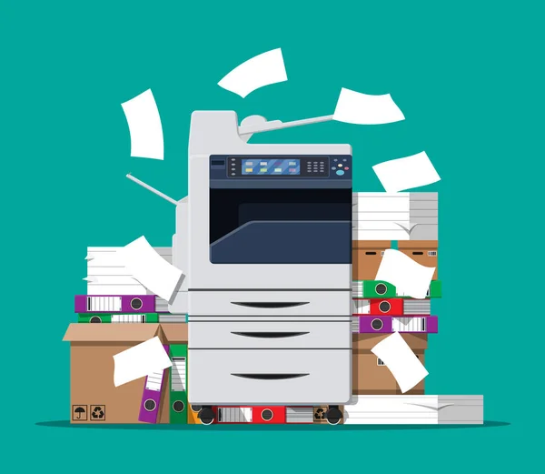 Kupa dokumentów papierowych i drukarka — Wektor stockowy