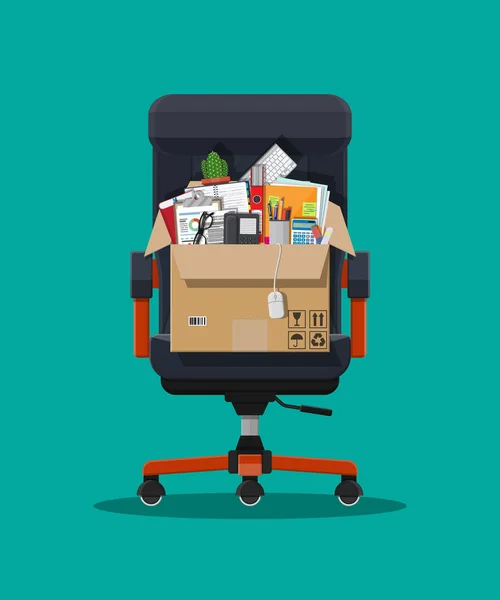 Chaise de bureau, boîte avec itmes de bureau — Image vectorielle