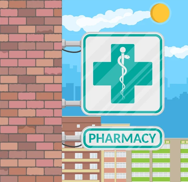 Pharmacy sign on wall. — Stock Vector